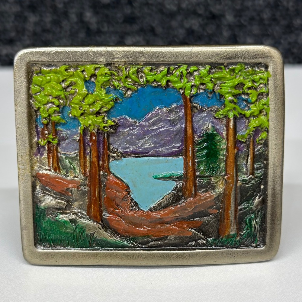 Indiana Metal Craft Vintage‎ 1996 Mountain Lake Enamel Belt Buckle Pewter Tone